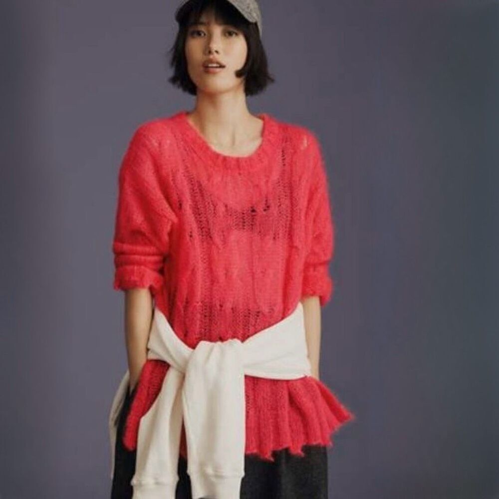 Anthropologie Medium Lightweight Cable Wool Neon Pink Sweater